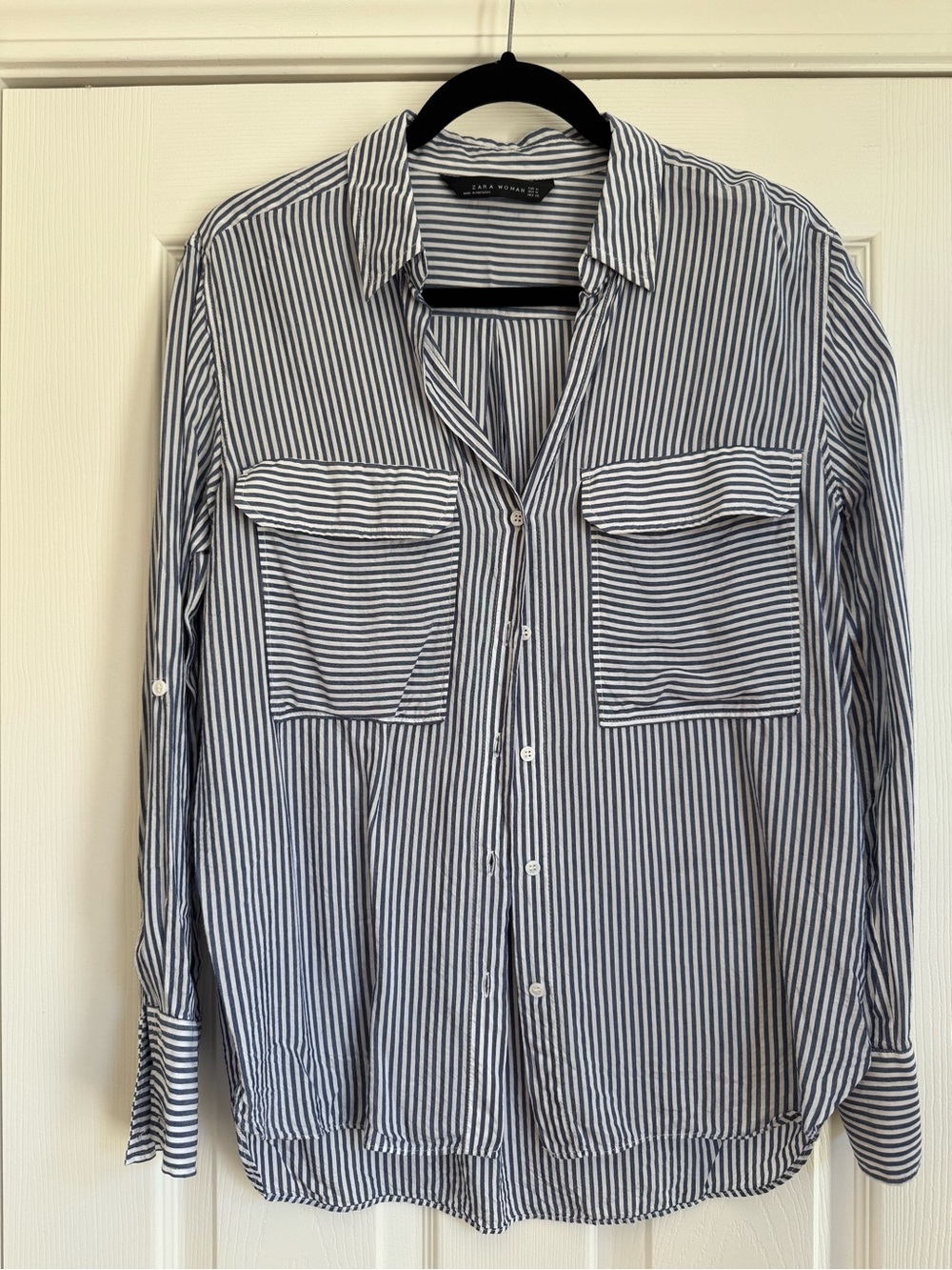 Zara Blue and White Vertical Stripe Button-Down Shirt